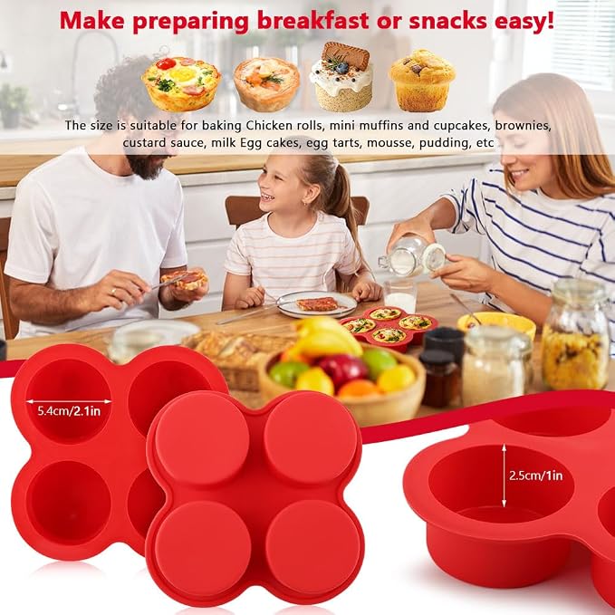2 Pack Air Fryer Egg Bite Molds, 4 Cups Mini Round Muffin Pans, Silicone Egg Bite Molds with Spreader＆Oil Brush Nonstick Air Fryer Baking Pan for Cupcake, Muffin, Tart, Frittata, Quiche