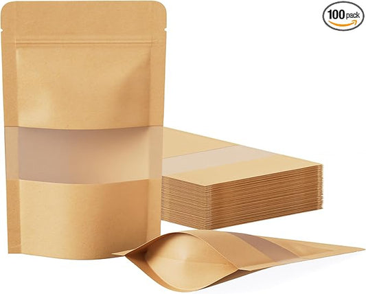 FireKylin 100 Pcs Resealable Bags, Paper Stand Up Pouches Bags with Matte Window for Small Businness, Zipper & Heat Sealable Treat Bags for Packaging(Inner Size 2.9" x 3"; Outer Size 3.5" x 5.5")