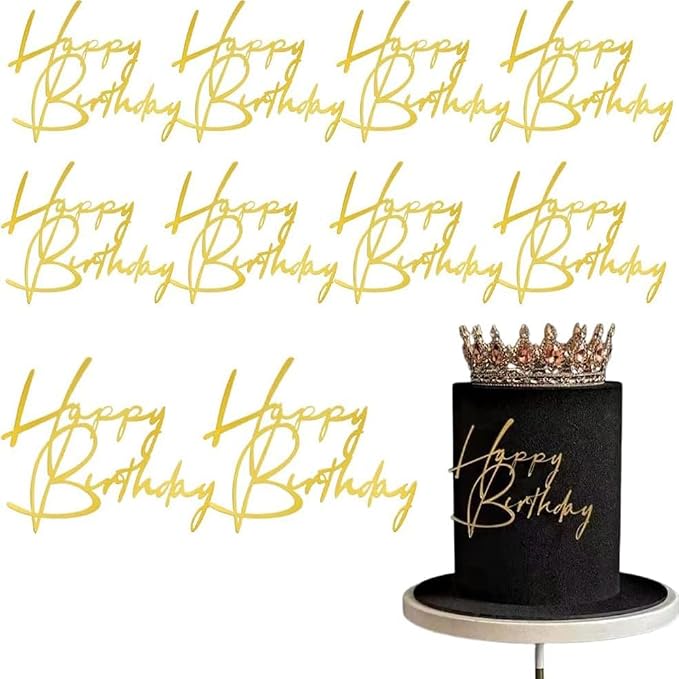 10pcs Side Happy Birthday Cake Topper Gold Acrylic Birthday Cupcake Topper for Kids Birthday Party Cake Decorations (A)