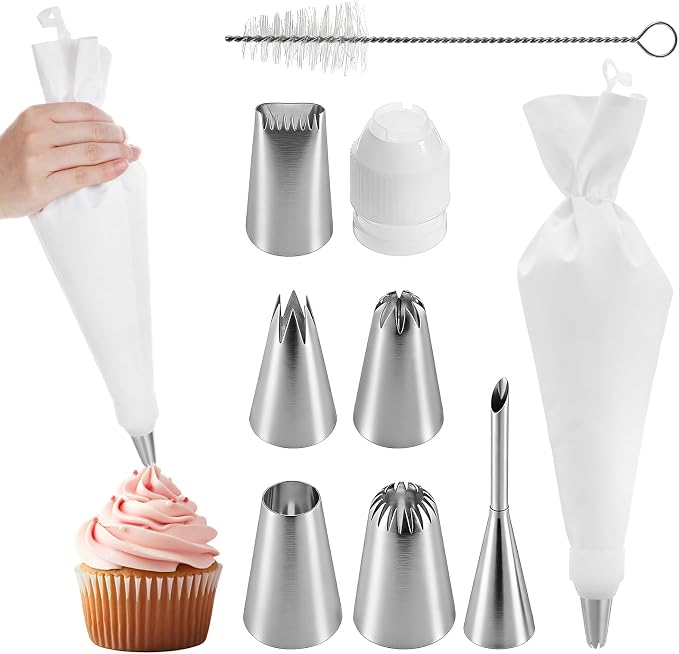 Pastry Bags and Tips 9 PCS Reusable Piping Bags and Tips Set with Coupler, 16" Large Pastry Bag, Stainless Steel Nozzles and Cleaner for Cake Decorating, Baking Supplies