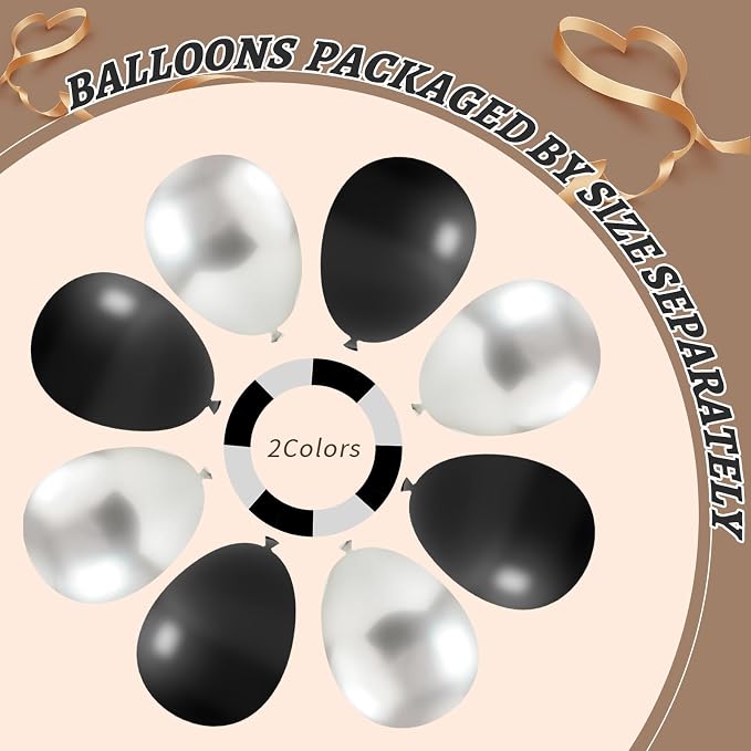 412Pcs Black and Silver Balloons Arch Kit, Latex Balloons Different Sizes 18 12 10 5 Inch for Birthday, Wedding, Graduation, Anniversary Decorations