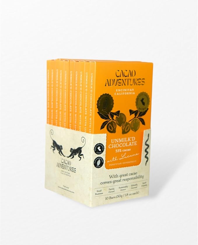 Cacao Adventures - Plant based milk chocolate | Unmilk'd Chocolate Bar with Lucuma | Dairy Free Milk Chocolate | Ceremonial Grade Cacao | Natural | Ethically Sourced Sustainably Grown | (1.76 oz - Pack of 10)