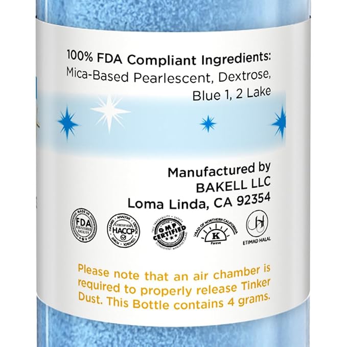 Bakell - Neon Blue Tinker Dust (4g, 1x Mini Spray Pump) Edible Glitter for Food, Desserts, and Baked goods!