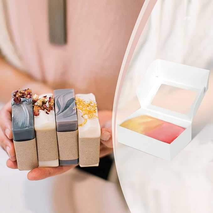 COTOPHER Soap Box, 100Pcs Small Soap Packaging Boxes 3.5x2.35x1.2 Inch Mini Kraft Boxes with Window Soap Boxes for Homemade Soap Candy Chocolate Bakery Cookies Soap Packaging