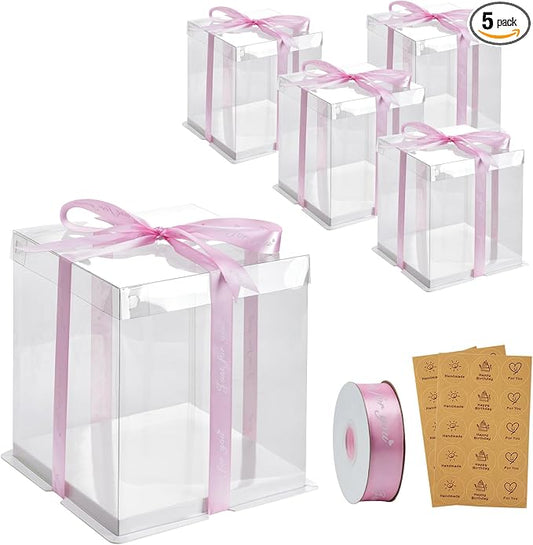 8x8x10Inch Tall Cake Boxes, 5 Pack Bakery Boxes for Tier Cakes, Disposable Cake Bakery Box with ribbon, Clear Cake Box for Pastry Wedding Birthday