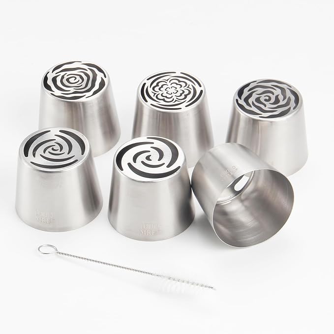 Extra Large Russian Piping Tip Set - 6 Stainless Steel Marshmallow Buttercream Framing Nozzles for 3D Roses Tulip Cake Decorations and Marshmallow Bouquets, Includes 1 Cleaning Brush(6C)