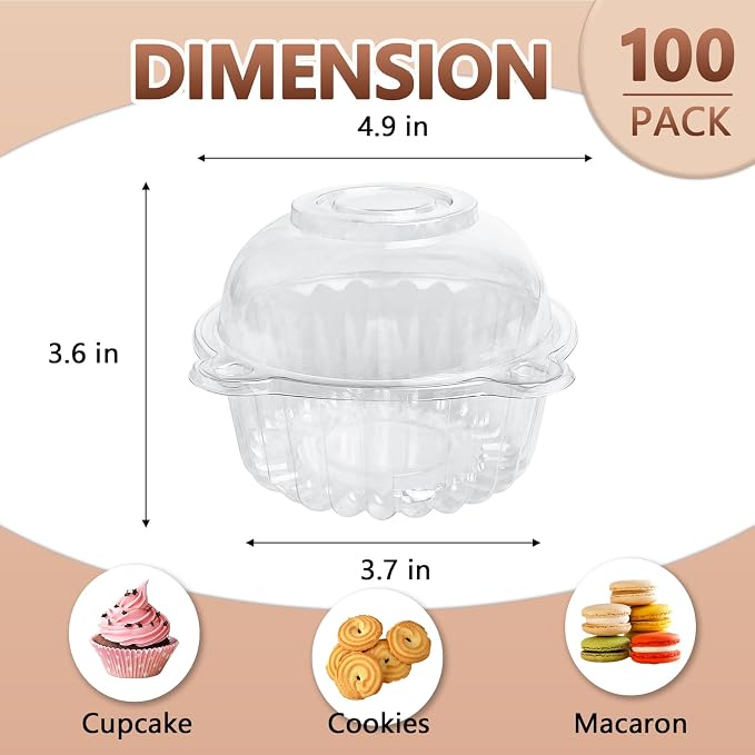 100 Pack Plastic Cupcake Containers with Dome Lids, Disposable Individual Clear Cupcake Boxes Holders Carrier, Single to Go Dessert Cake Packaging for Muffin Donuts Fruit Salad Wedding Party