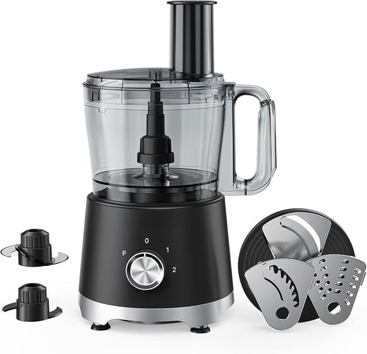 DUMOS Food Processor 10.5 Cup, 600W Electric Vegetable Chopper with French Fry Slicer, Dough Mixer, Dishwasher Safe Parts for Family Meals, Vegetables, Fries, Cheese, Puree