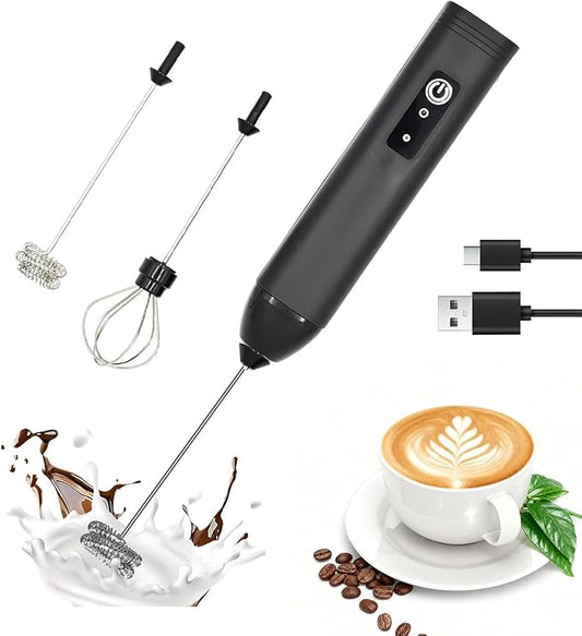 Milk Frother Handheld Rechargeable Electric Frother Wand Coffee Foam Maker with 2 Stainless Stee Whisks & 3 Speeds,Drink Mixer Handheld for for Latte, Cappuccino, Hot Chocolate, Matcha, Egg (Black)