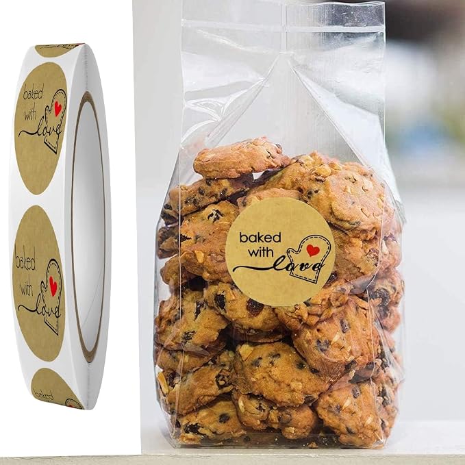 1000PCS Hand Made with Love Stickers,1 Inch Small Round Brown Thank You Red Heart Baking Stickers Label Bakery for Baked Goods Packaging Jam, Jelly Jar Canning Bottle,Cookie Bag (Brown Baked) 1