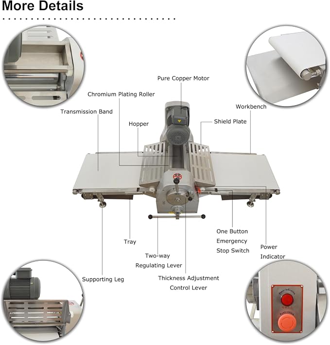 110V Commercial Dough Sheeter 400W Dough Laminator with 0.04"-1.26" Adjustable Thickness Range, 1650mm×400mm PVC Conveyor Belt for Pastry Bakery