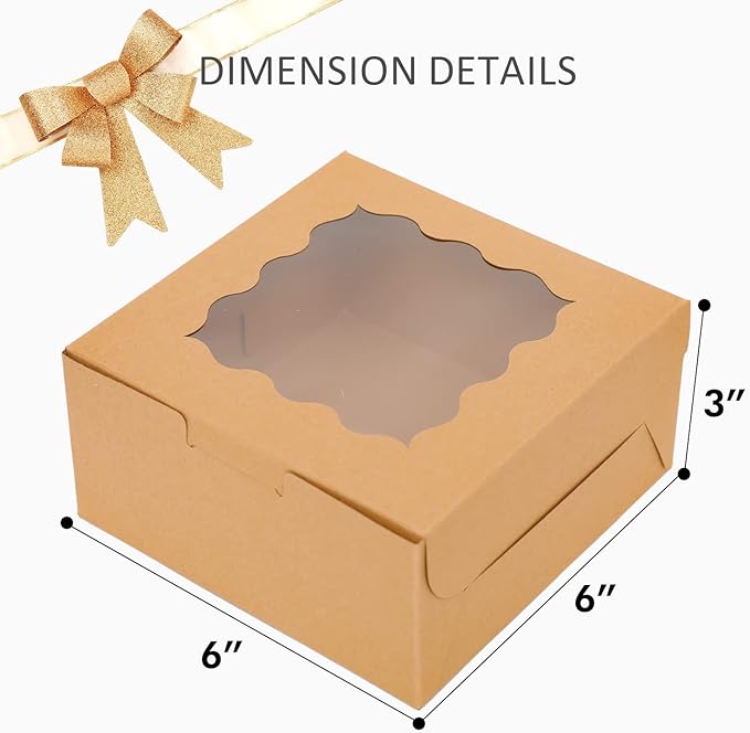 Bakepacker 60pcs Kraft Bakery Boxes with Window 6x6x3 inches Thick & Sturdy Macaroon Pastry Boxes Cookie Boxes for Bakerys