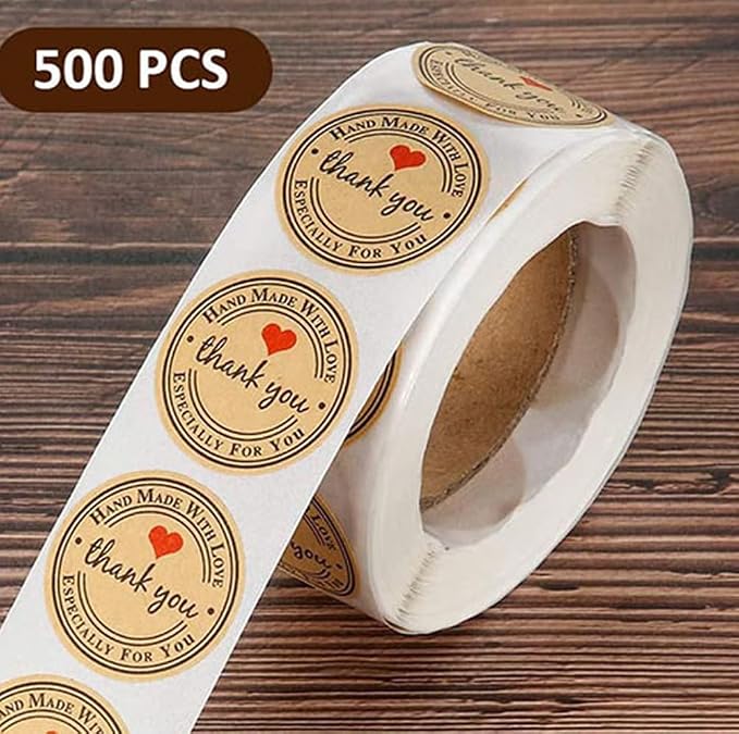 500PCS Hand Made with Love Stickers,1.5 Inch Large Round Thank You Baking Stickers Canning Bottler Labels for Baked Goods Packaging Jam, Jelly Jar,Mason Jars,Cookie Bags Supplies (Brown Handmade)