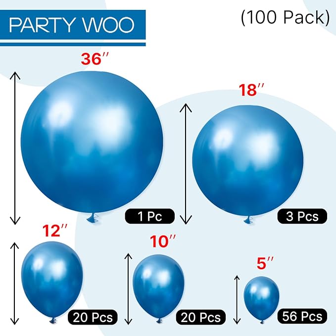 PartyWoo Metallic Blue Balloons 100pcs Different Sizes of 36 18 12 10 5 Inch Chrome Blue Latex Balloons for Graduation Wedding Baby Shower Wedding Bachelorette Birthday Party Decorations Blue-G106
