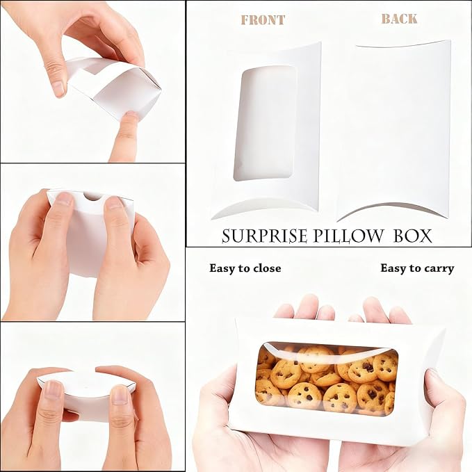 ZAJINJABD 100 Pcs Kraft Pillow Gift Boxes with Clear Windows, Sturdy Mini Folding Treat Boxes for Candy, Bakery, Chocolate, Jewelry, Wedding Party Favors