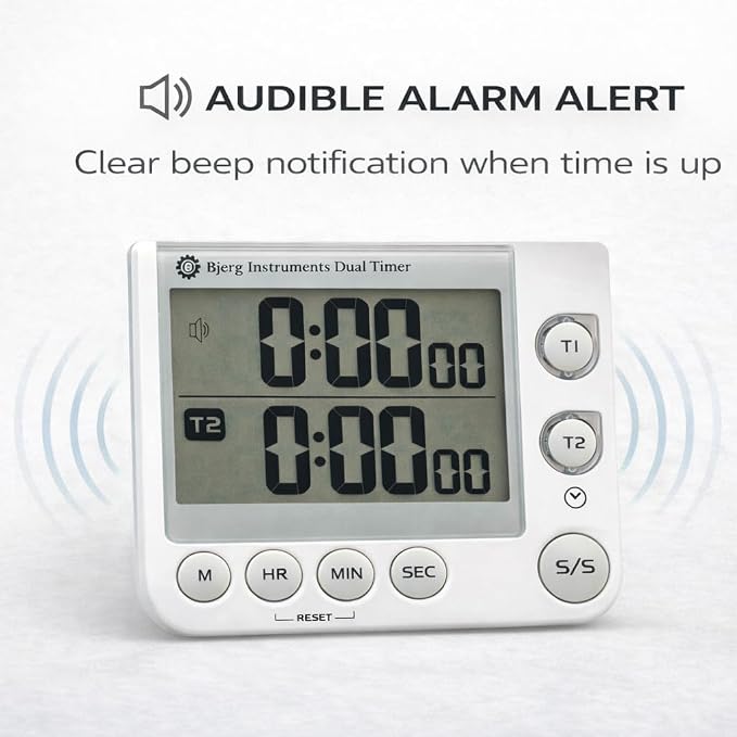 Bjerg Instruments Dual Digital Kitchen Timer – Count Up & Countdown Timer with Large LCD Display, Magnetic Back, Loud Alarm, Stand-Up Design (White)