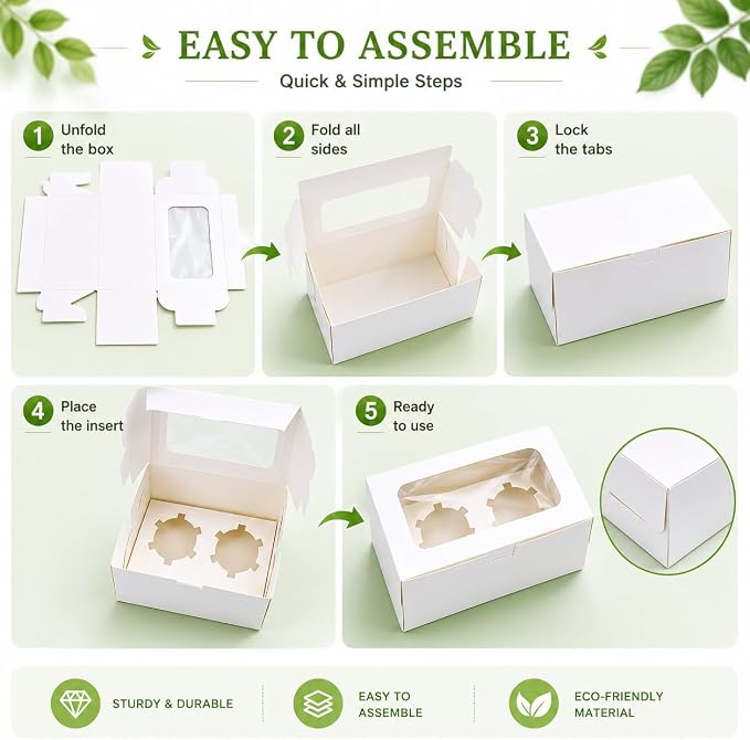 PRALB 50Pack White Paper Cupcake Boxes with Pvc Window and Two Treat Holder, Pastry and Cookie Box,Cupcake Containers Bakery Cake Box,Auto-Popup Cupcake Carriers Bakery Cake Box(6.3x3.5x3inch)
