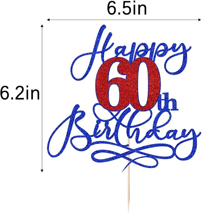 Happy 60th Birthday Cake Topper,Deep blue font red Numbers 60th Birthday Cake Decoration,Hello 60, Cheers to 60 Years/60th Anniversary,60& Fabulous Party Decoration