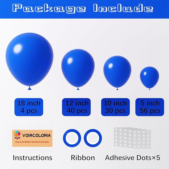 Voircoloria 130pcs Blue Balloons Different Sizes 18" 12" 10" 5" Matte Blue Latex Balloon Garland Arch Kit for Birthday Baby Shower Graduation Wedding Gender Reveal Anniversary Party Decorations
