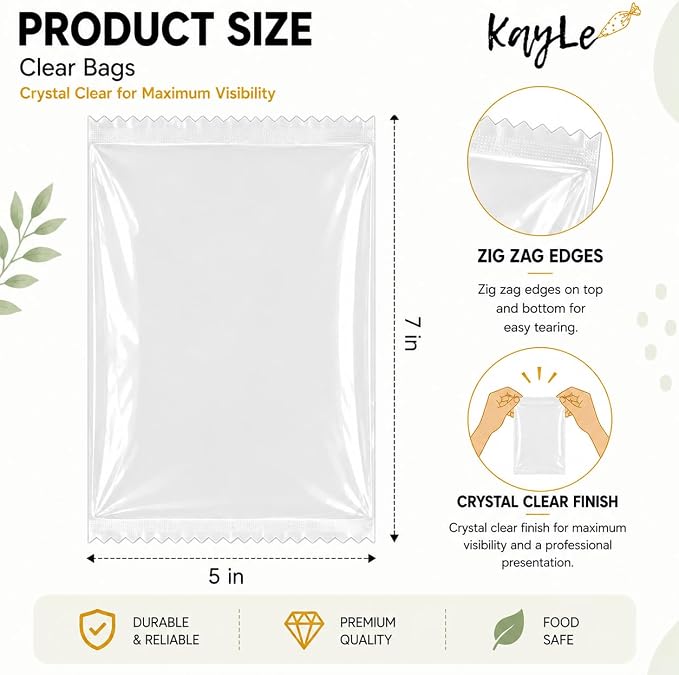 KayLe 5 x 7 Clear Treat Bags, 100 Count Heat Sealable PET Cookie Bags, Bakery Packaging Bags for Cookies, Candy & Snacks | 5 x 7 Clear 100