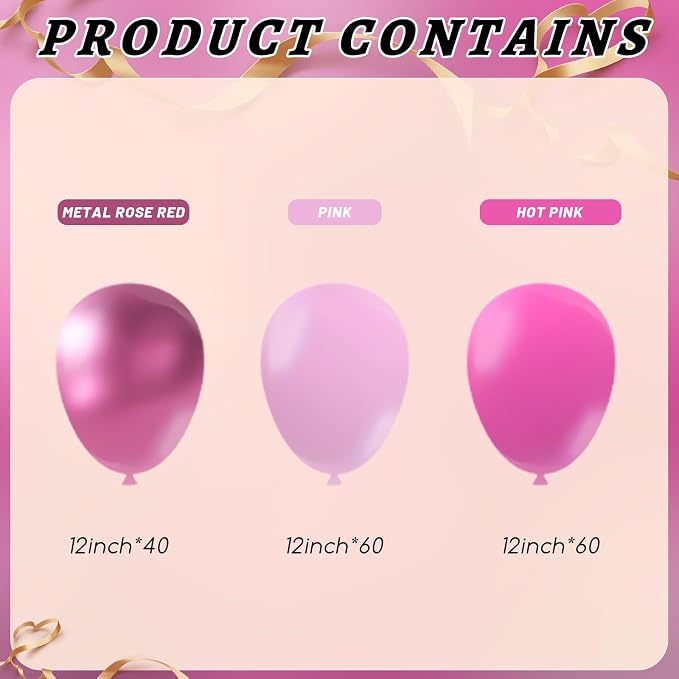 160Pcs Pink Balloons Metallic Pink Balloon,12 Inch Hot Pink Balloons Pink Metallic Pink Latex Balloons for Wedding,Baby Shower,Princess Theme Party Decorations