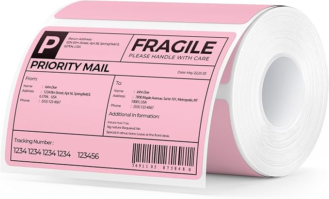 MUNBYN 4” X 3” Direct Thermal Labels, Thermal Printer Stickers, Strong Adhesive, Labels Paper for Mailing, Barcode, 500 Sheets/1 Roll, Pink
