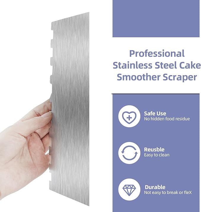 9 Inch Stainless Steel Cake Scraper, Cream Cake Scraper Sided Patterned Edge Stripe Edge Smoother Scraper Cake Smoother Frosting Scraper Cake Decorating Comb for Mousse Butter Cream