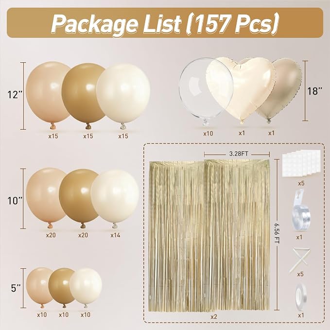 Boho Neutral Brown Balloon Garland Arch Kit with Champagne Fringe Curtain for Baby Shower Wedding Earth Tone Birthday Bridal Brunch Minimalist Anniversary Party Decorations