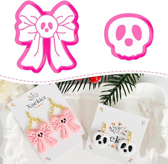 Xaekicr Skull Bow & Cartoon Skeleton Polymer Clay Cutters – Halloween Clay Earring Cutters for DIY Earrings – Cute Polymer Clay Molds for Jewelry Making – Clay Tools for Craft Lovers