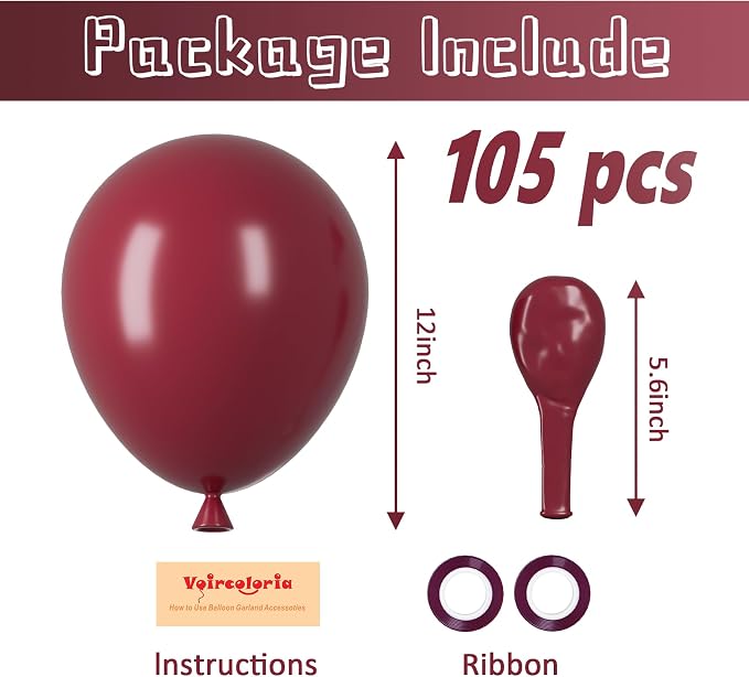Voircoloria 105pcs Burgundy Balloons 12inch Maroon Party Latex Balloons for Birthday, Graduation, Baby Shower,Wedding, Anniversary Valentines Party Decorations