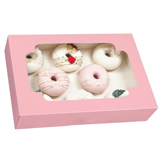 qiqee Auto-pop up Pink Cookie Box with Window 12x8x2.5 inch 18 Packs Two Uses One Second Folding Pastry Biscuit Bakery Box for Packaging