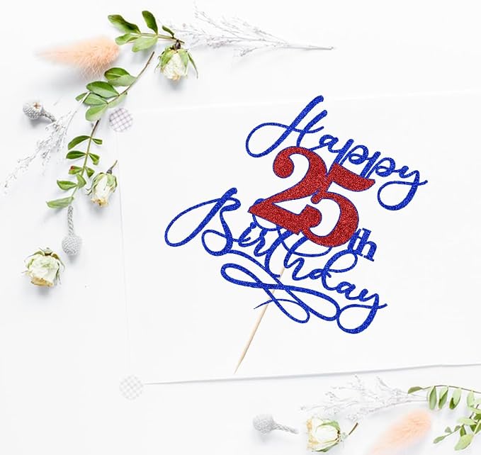Happy 25th Birthday Cake Topper,Black font Golden Numbers 25th Birthday Cake Decoration，Hello 25, Cheers to 25 Years/25th Anniversary ，25 & Fabulous Party Decoration
