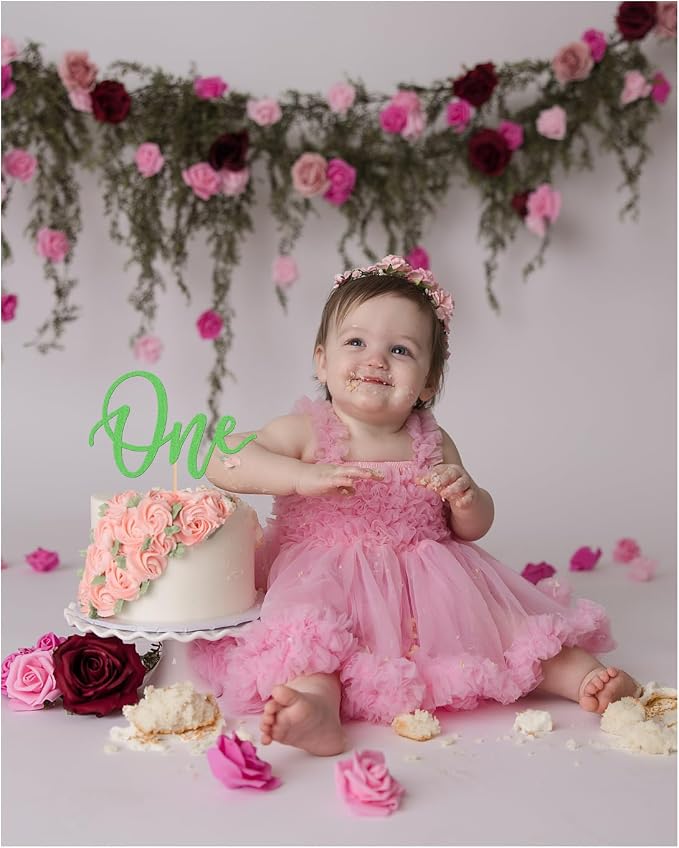 MYAMPED First Birthday Cake Topper - Glitter Green One Sign Cake Decorating Supplies for 1st Birthday, Baby Shower, Gender Reveal, Party or Photo Booth Props (Green)