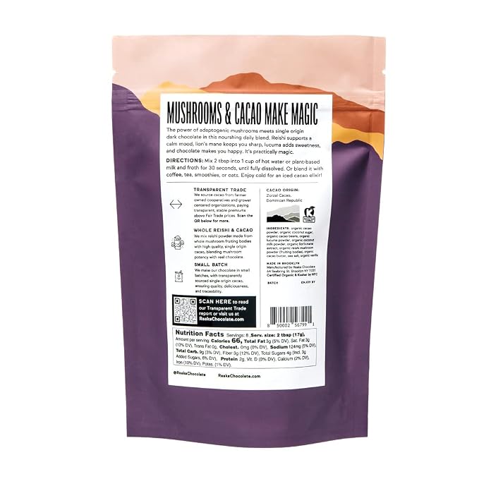Raaka Cocoa Magic Mushroom Hot Chocolate Blend with Lion’s Mane, Reishi and Lucuma - Gourmet Adaptogenic Mushroom Hot Chocolate - Organic, Vegan, Low Sugar, Gluten Free, Kosher - 5 oz. Bag (8 Servings)