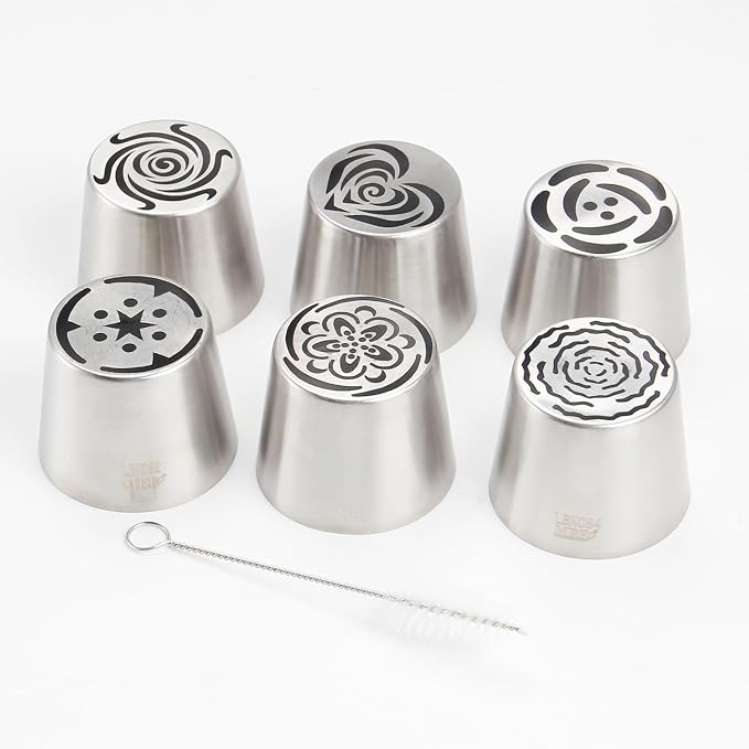 Extra Large Russian Piping Tip Set - 6 Stainless Steel Marshmallow Buttercream Framing Nozzles for 3D Roses Tulip Cake Decorations and Marshmallow Bouquets, Includes 1 Cleaning Brush(6I)