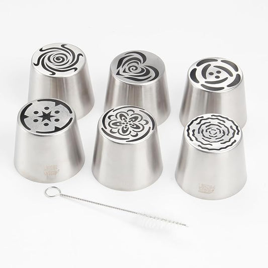 Extra Large Russian Piping Tip Set - 6 Stainless Steel Marshmallow Buttercream Framing Nozzles for 3D Roses Tulip Cake Decorations and Marshmallow Bouquets, Includes 1 Cleaning Brush(6I)