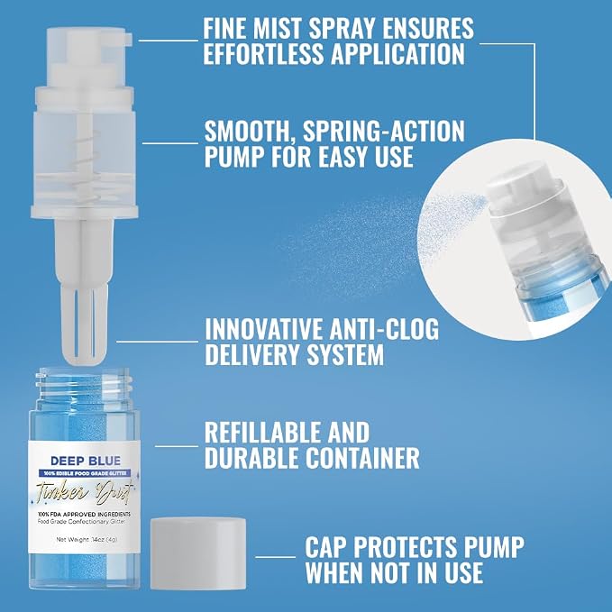 Bakell - Deep Blue Tinker Dust (4g, 1x Mini Spray Pump) Edible Glitter for Food, Desserts, and Baked goods!