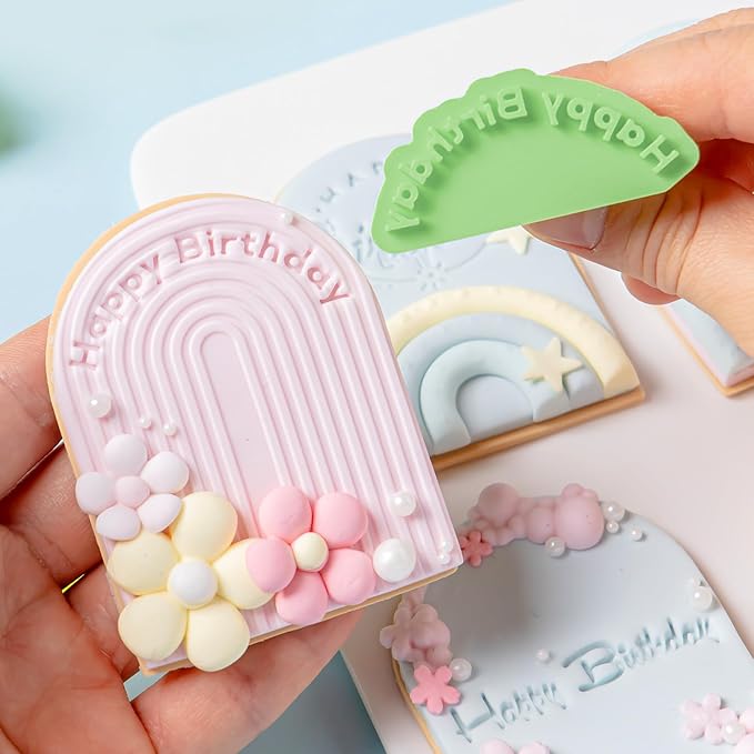KALAIEN 8 Pcs Happy Birthday Fondant Letter Cutters,Cookie Stamps for Cake Cookie Baking Decoration,Happy Birthday Fondant Stamp