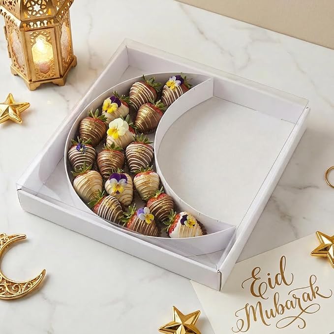 WENPACK 12.5" Cardboard Moon Shaped Papier Mache Cupcake Ramanda EID Candy Fillable Sweets Grazing Box with Clear Lid (White,Moon)