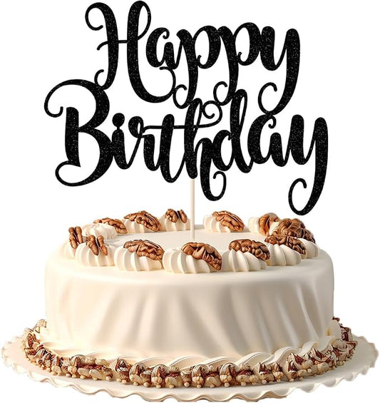 Happy Birthday Cake Topper- Glitter Happy Birthday Cake Decor, Handmade Anniversary/Birthday Party Supplies (Black)