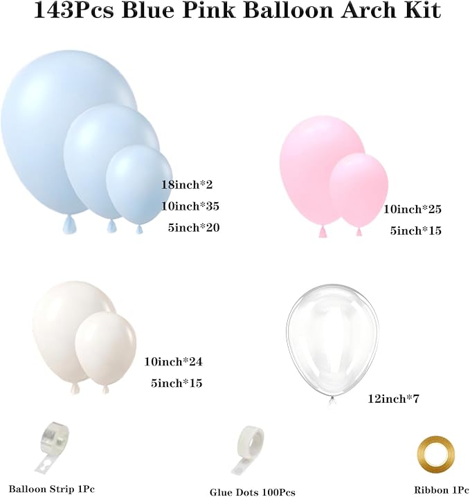 Pink and Blue Balloons Garland Arch Kit, 143pcs Pastel Pink Blue White Clear Balloons for Boy or Girl Gender Reveal Baby Shower Birthday Party Decorations