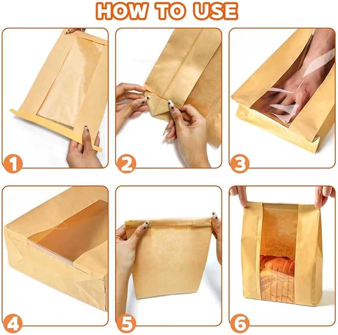100 Pcs Large Bread Bags with Tin Tie & Clear Window, 14"x8.3"x3.5" Paper Bakery Bags for Homemade Sourdough, Cookies, Pastries | Bakery Packaging with Lock Tab, Food Storage Bags