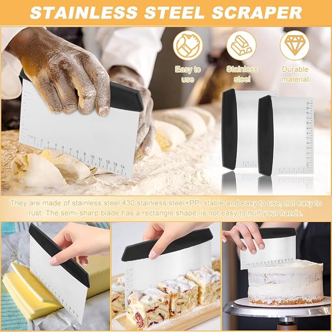 5Piece Dough Scraper Set, 2 Stainless Steel Bench Scrapers with Scale + 3 Plastic Bowl Scrapers, Non-Slip Handle, for Baking Pizza Bread Cake