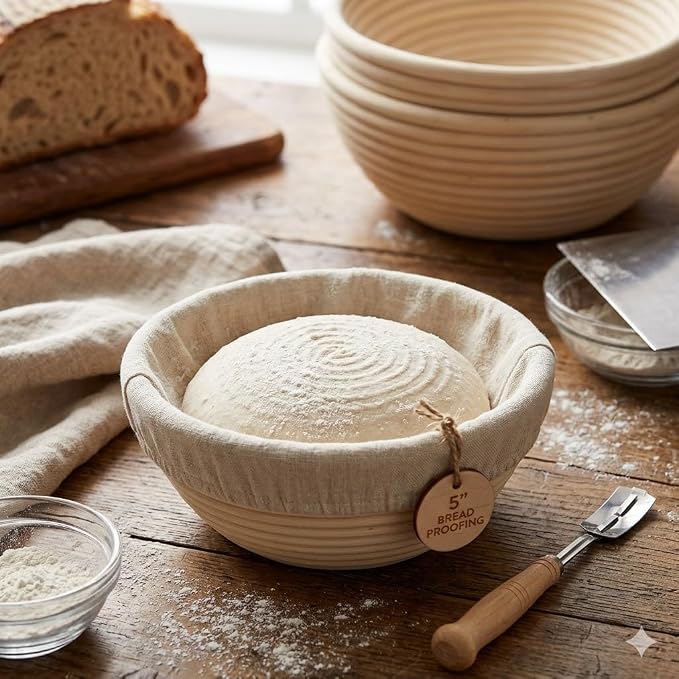 6 Pack Mini Round Banneton Proofing Basket Set 5 Inch, Natural Rattan Small Sourdough Bread Baskets with Linen Liners, Dough Baking Bowls for Professional & Home Bakers