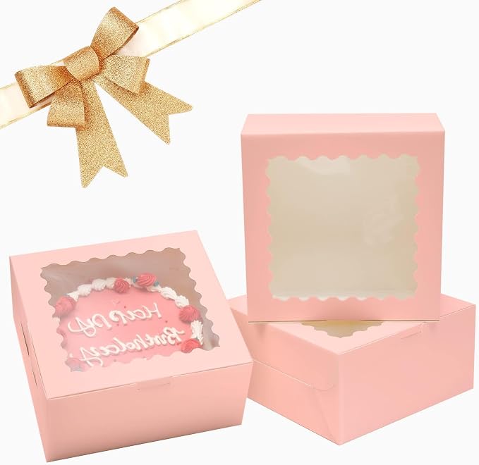 Bakepacker 36pcs 10x10x5 Inches Pink Cake Boxes with Window 18-Packs, 10 Inch Bakery Boxes (18 Cake Boxes +18 Cake Boards Included)