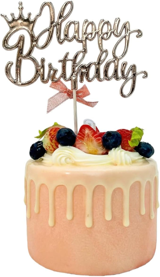 Upgraded Happy Birthday Cake Topper with Crown & Bow (Champagne)