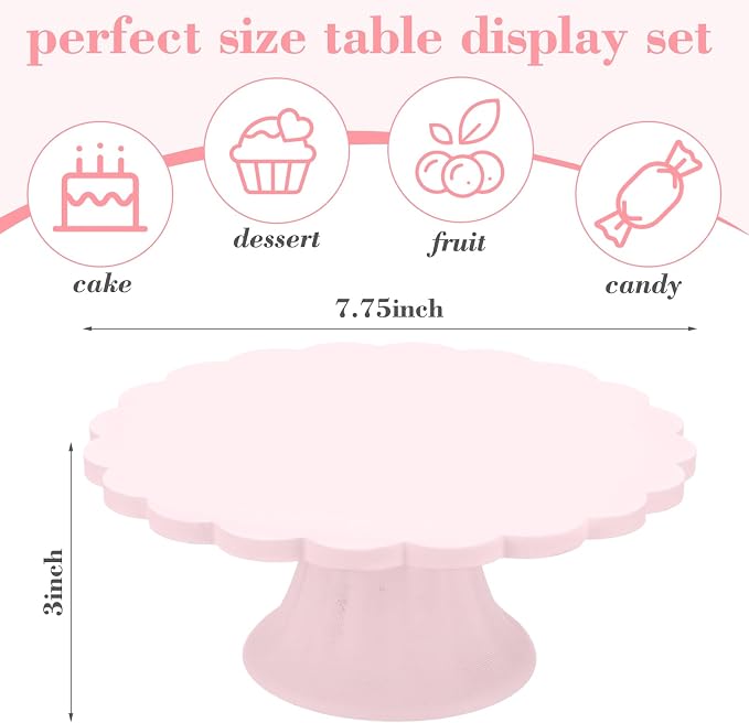 Vesici Pink Wooden Cake Stand Scalloped Reusable Round Cake Stand Dessert Holder for Cupcake Donut Dessert Wedding Baby Shower Party Supply (7.75" L x 7.75" W x 3" H)