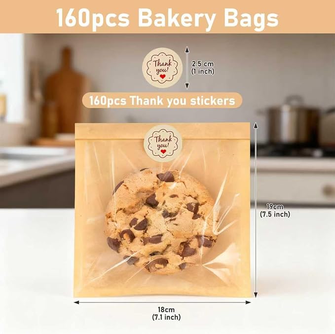 160 Pack Cookie Bags for Packaging with Seal, 7.5 x 7.1 Inch Bakery Bags with Window, Grease Resistant Donut Bags To Go for Cookies Packaging Treat, Scone, Brownie, Snacks