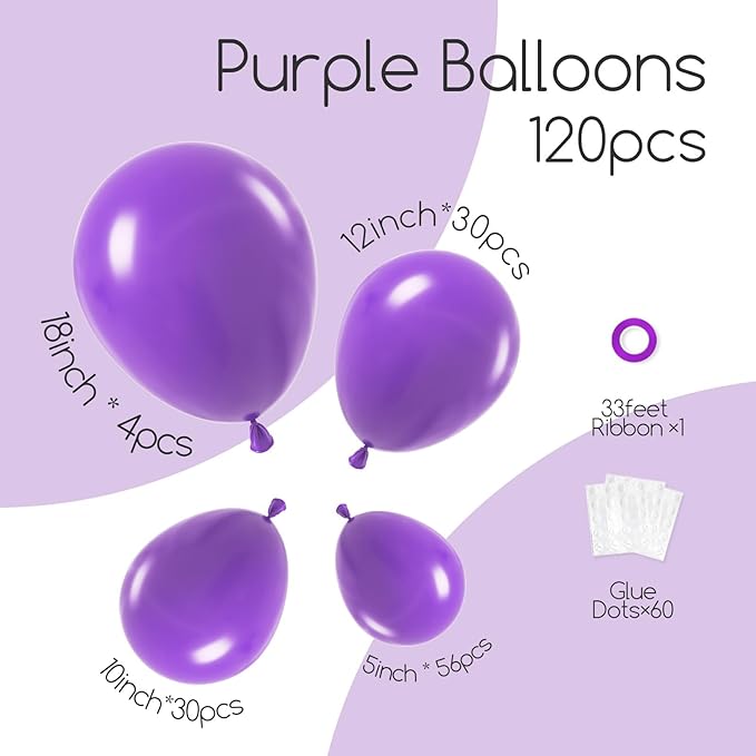 120pcs Purple Balloons, 18 12 10 5 inch Purple Balloons Different Sizes Balloon Arch Kit for Birthday Wedding Baby Shower Party Decorations