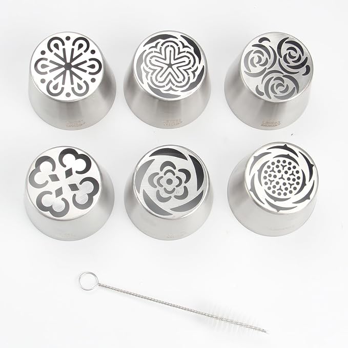 Extra Large Russian Piping Tip Set - 6 Stainless Steel Marshmallow Buttercream Framing Nozzles for 3D Roses Tulip Cake Decorations and Marshmallow Bouquets, Includes 1 Cleaning Brush(6E)
